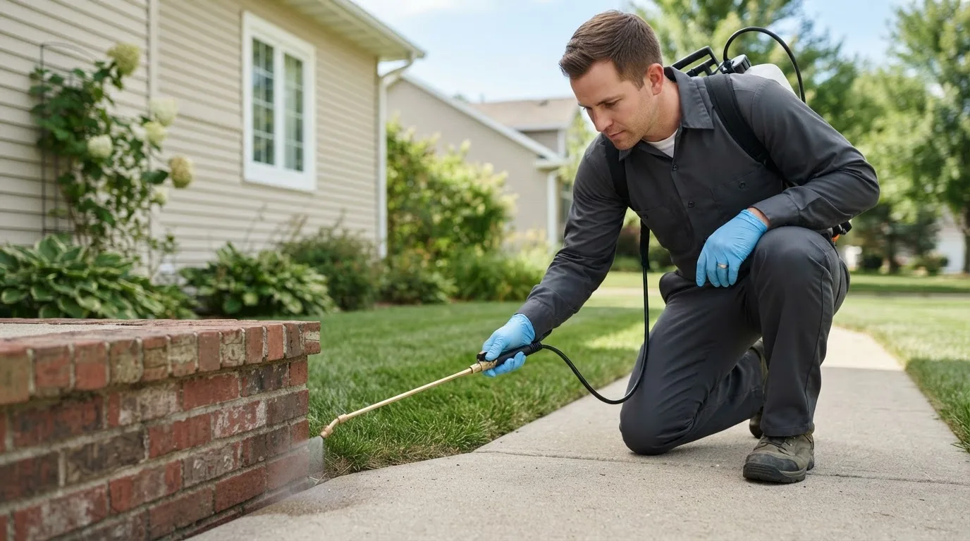 Pest control technician treating a home near Belleview, MO
